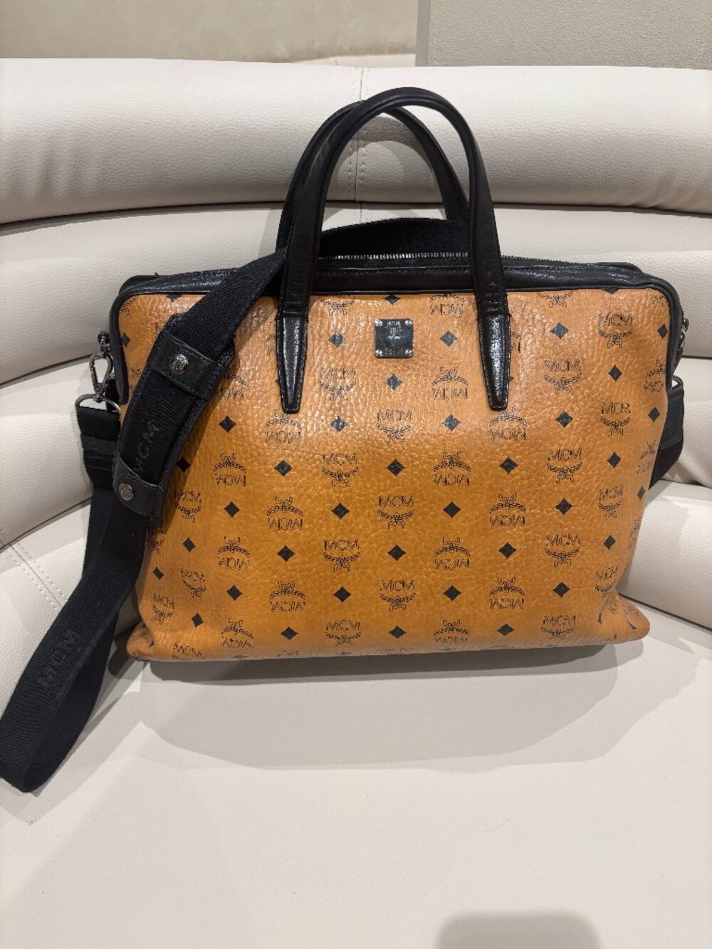 MCM Brown and Black Visetos Monogram Business Bag